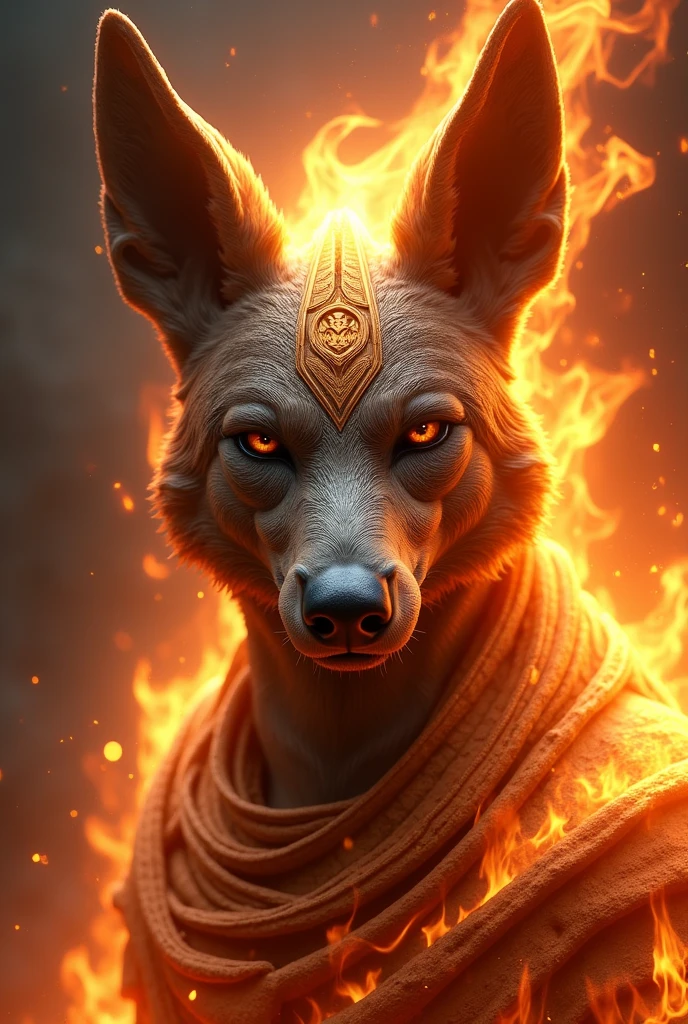 ((best qualityer)), ((work of art)), (detailded), epic gamer style image , 1 anubis on fire , estilo dragao. Anubis must have a bust image,  because it will be used for the brand logo, Anubia&#39;s vision has to be frontal. Insert the anubis symbol together