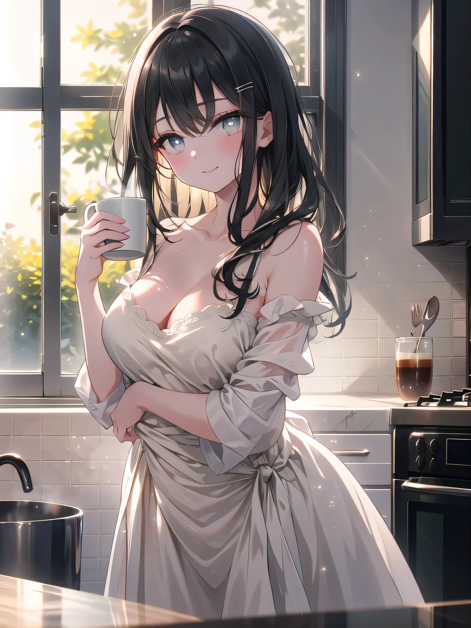 ((8k, Best Quality, Masterpiece: 1.3)), Ultra High Resolution, (20 years old woman, 1 Person), (Color Changing Eyes, Super Detailed, Expressive Glow, Sparkling Eyes), Highly Detailed Eyes, ((black semi-long)), (large breasts), The woman, dressed in a casual yet elegant cream-colored wrap dress that hugs her curves, stands by the kitchen counter in her small, simple apartment. The dress cinches at the waist, enhancing her figure, with the neckline slightly open, revealing a hint of her cleavage. Her straight black hair, accented with a simple silver hairpin, falls neatly over one shoulder. Her droopy gray eyes gaze directly at the camera with a playful, inviting smile. She leans slightly forward, resting one hand on the counter and the other holding a coffee mug, creating a natural, subtly seductive pose. The camera is angled slightly upward, capturing the soft curves of her body while highlighting her confident yet relaxed demeanor. Warm sunlight filters through the kitchen window, adding a soft glow that enhances her sensuality, creating an intimate and inviting atmosphere.