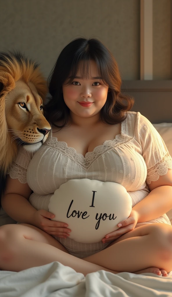 A Japanese woman wearing a lace T-shirt sitting on the bed, Holding a big pillow,It says "I love you" It says, She has a plump figure, But not naked,Looking at the audience, full-body shot, A lion sitting next to him,Looking at the lion affectionately,Hyperrealism,Movie Lighting, glow,23k