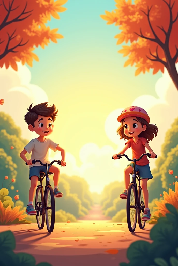 Make a banner for cycle rental website in animated form with warm and beautiful colour in artistic impression in which boy on right corner is riding cycle and of left a girl is riding cycle with beautiful scene behind them not like cartoon something impressive for website