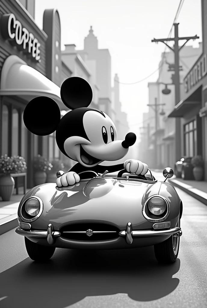 Draw Mickey in his car picking up a coffee from a coffee shop with black and white drivetro 