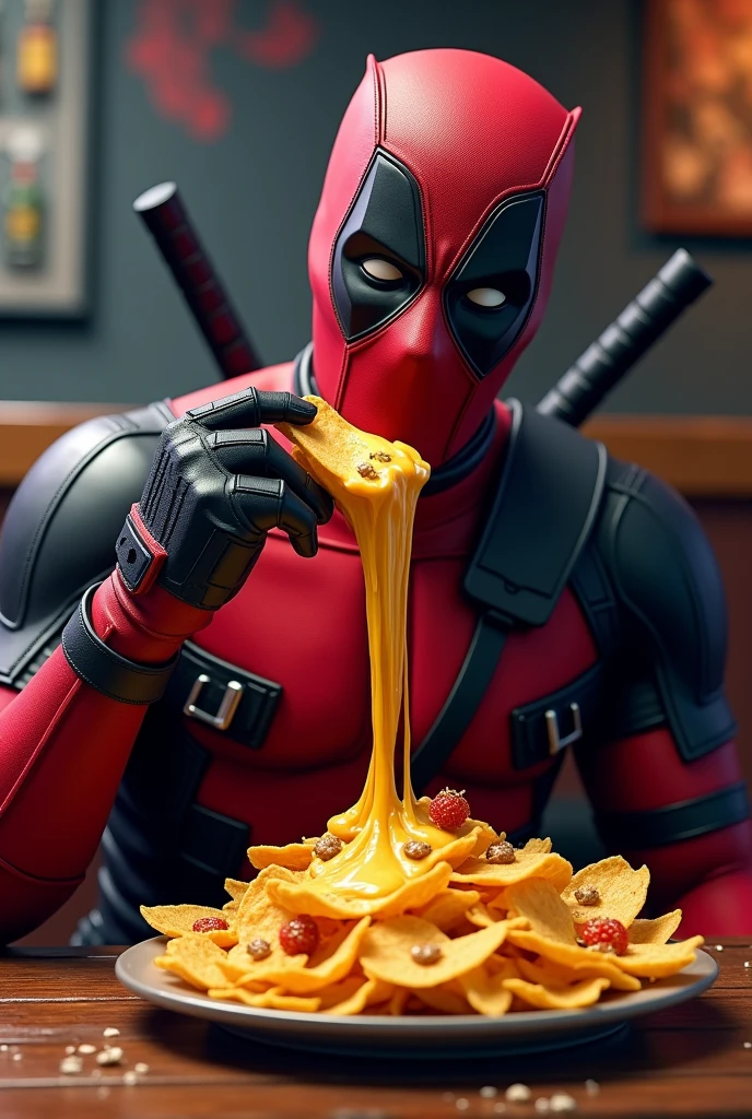 Deadpool eating nachos cheese