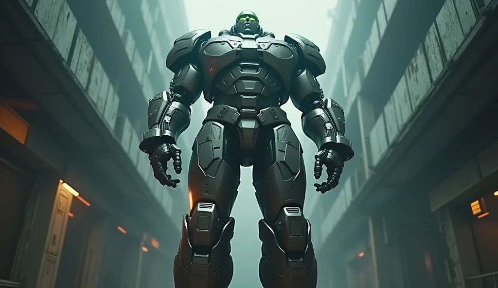 (Masterpiece.Uhd. Photorealistic. Analog photography) full body.a half-human, half-machine soldier, giant warrior armor. confronted with his own transformation, dramatic lighting, cyberpunk, dystopian, gritty, dark, moody, cinematic, 8k, detailed, hyperrealistic, high quality,