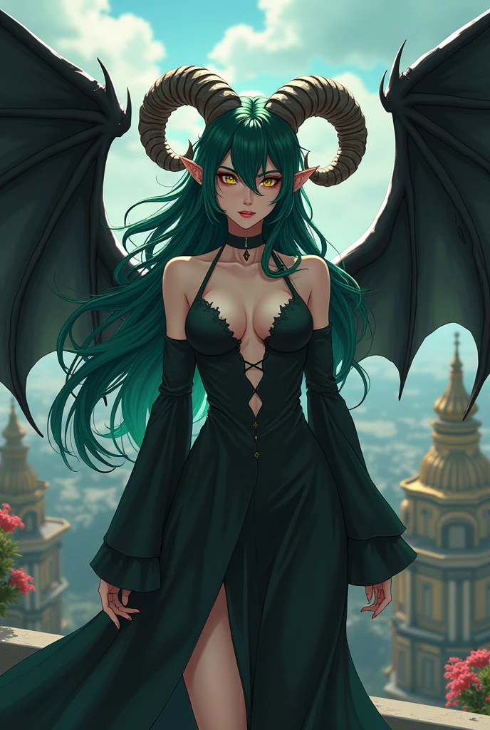 masterpiece、 Highest quality, Highly detailed、8k、 High resolution, Anime art style、Fantasy、One Woman、Dark green long hair、A large sheep's horn next to the ear、Pointed Ears、Golden Eye、Big Black Devil Wings、BREAK Black Asymmetrical Dress、The roof of the mansion、From an angle、
