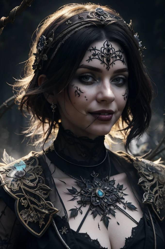 dark creepy background, (Masterpiece, BestQuality:1,3),a photo of a highly-detailed Queen Of Hearts, covered in heavily rusted, decaying, fractured, and oxidized curved metal plates with lots of old frayed wires, ridged cables and damaged metal mesh in an atmospheric otherworldly misty wonderland hedge maze landscape,8k resolution concept art portrait, dynamic lighting hyperdetailed intricately detailed Splash art trending on Artstation, triadic colors, Unreal Engine 5, volumetric lighting, gothic, high resolution, Close up portrait, ambient light, Nikon 15mm f/1.8G, glamour, intricate and detailed environment, laces, stains, watercolor dark background, Masterpiece, ornate, depth, lovely smile, beautiful teeth smile, smiling