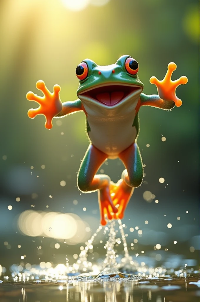 The frog mid-air in a joyful leap, with droplets of water glistening in the sunlight.