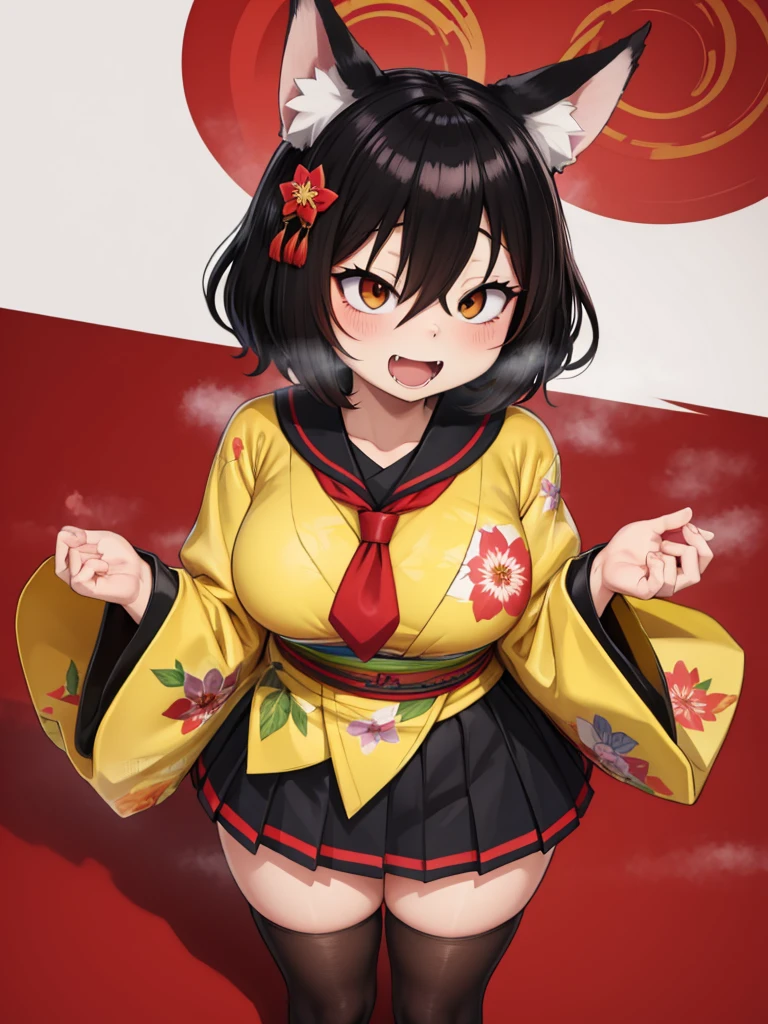 in forest, upper body, view from above, chibi, izunabluearchive, 1girl, animal ear fluff, brown hair, fangs, fishnet thighhighs, floral print on kimono, fox ears, fox shadow puppet, fox tail,  hair between eyes, hair ornament, japanese clothes, light blush, open mouth, black  partially fingerless gloves, black pleated skirt, red necktie, red scarf, sailor collar, short hair, halo, yellow obi, (gigantic breast:1.1),