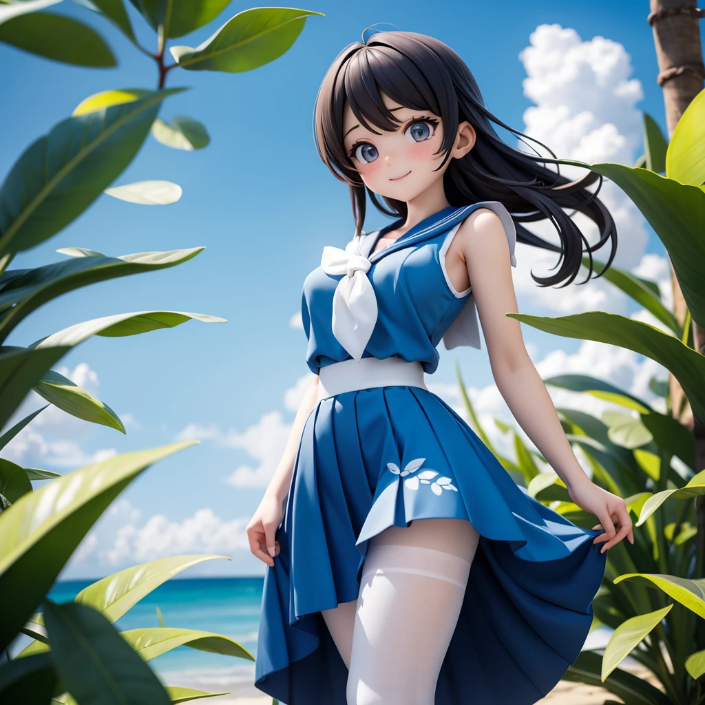 wallpaper, Clear Face, (masterpiece), town, blue sky, 一people々Girl, people々々Guide in the right direction, smile, 一people々in, Sailor suit、Long skirt, Overgrown, petal, plant、Skirt lining、White slip、nostalgic、pantyhose、You can see the sea in the distance, Crotch close-up