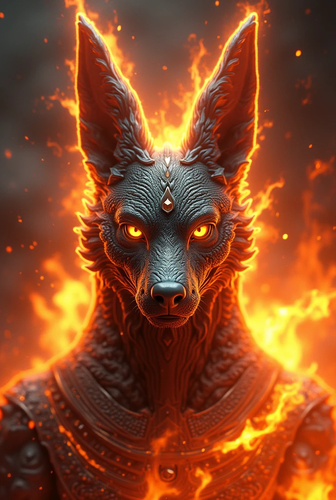 ((best qualityer)), ((work of art)), (detailded), epic gamer style image , 1 anubis on fire , estilo dragao. Anubis must have a bust image, because it will be used for the brand logo, Anubia's vision has to be frontal. Insert the anubis symbol together