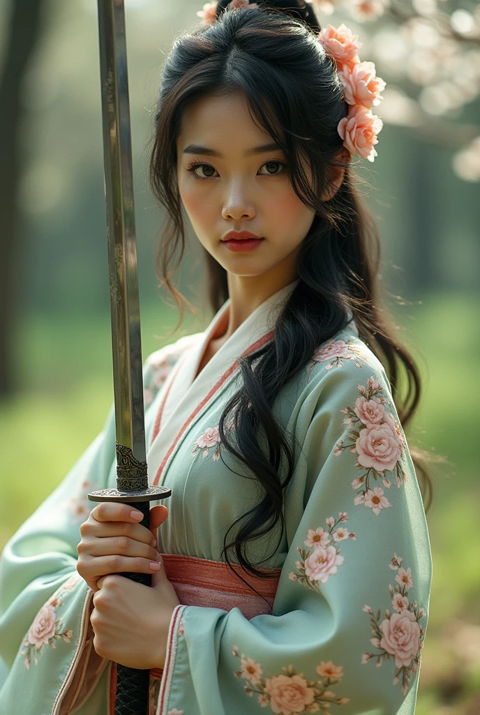 creates a realistic image, a beautiful Asian woman with long flowing hair wearing a long-sleeved Japanese dress with detailed images of yaezakura flowers in certain parts of each piece of the dress, the part of the dress looks complicated but very elegant, the dress is white with the top of the neck of the dress black and the cuffs are white with a mix of colors, the dress is very complicated but cool, the dress is captivating with its beauty, so enchanting with real beauty, very realistic, holding a long katana sword with intricate and beautiful details on each blade, holding it with both hands hand and holding it to the side, the background of a peaceful forest in spring in Japan, realistic, cinematic, photographic