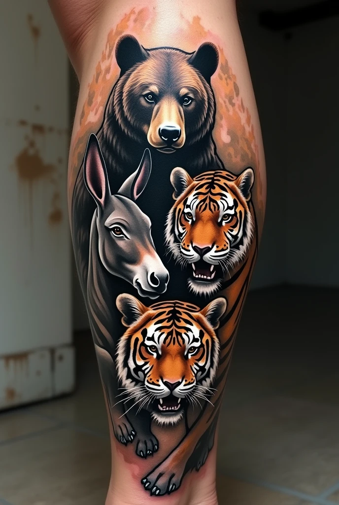 Bear Tattoo, donkey and tiger in leg