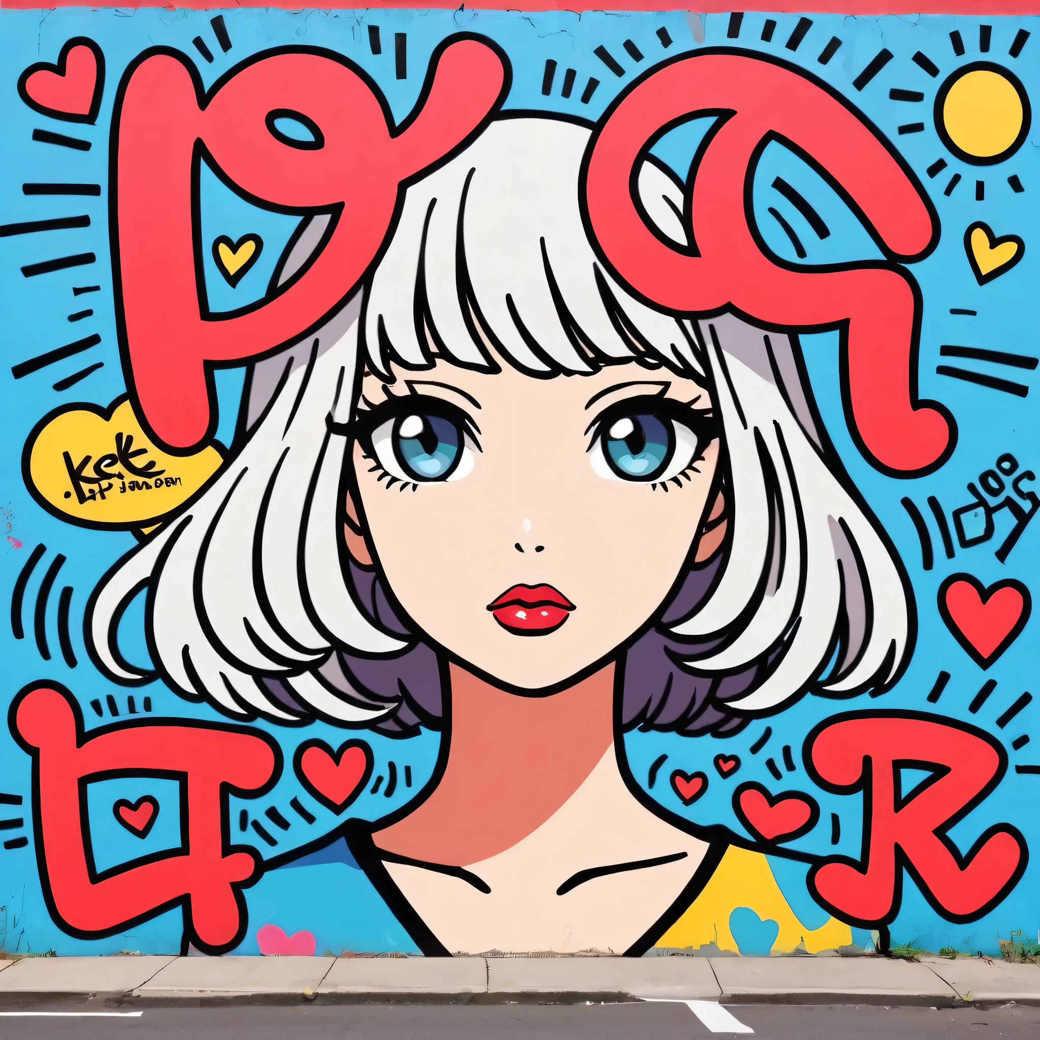 Keith Haring colorful style, Simple Line Initialism，Abstract art，(((The most beautiful girl of all time))), Lips in love, Dark Eyes, Graffiti on the wall, stylish design