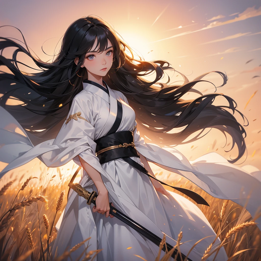 beautiful woman black-haired male general holding a large sword in white hanfu dress, Standing in the middle of wheat field, sunset, close up.