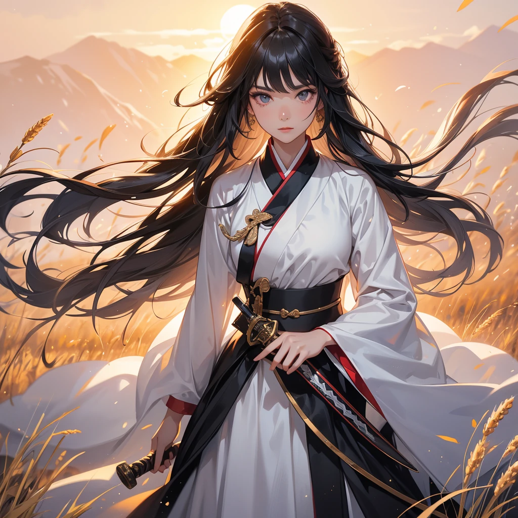 beautiful woman black-haired male general holding a large sword in white hanfu dress, Standing in the middle of wheat field, sunset, close up.