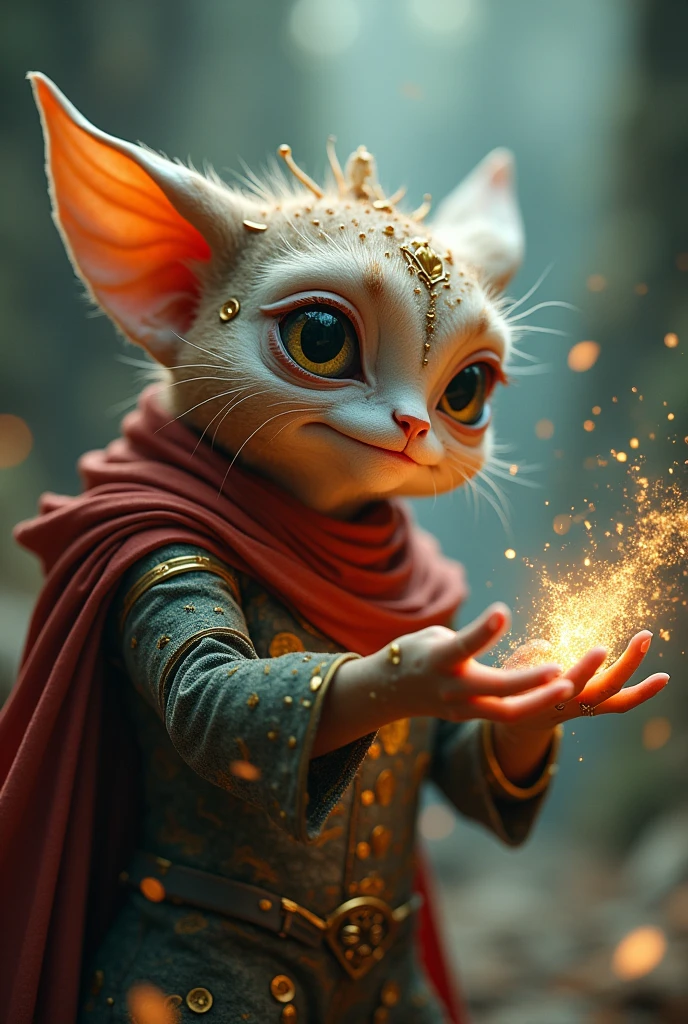 a small magical creature that can make anything, empowering a superhero, detailed eyes, beautiful detailed face, intricate details, (best quality,4k,8k,highres,masterpiece:1.2),ultra-detailed,(realistic,photorealistic,photo-realistic:1.37),HDR,UHD,studio lighting,ultra-fine painting,sharp focus,physically-based rendering,extreme detail description,professional,vivid colors,bokeh,fantasy,concept art