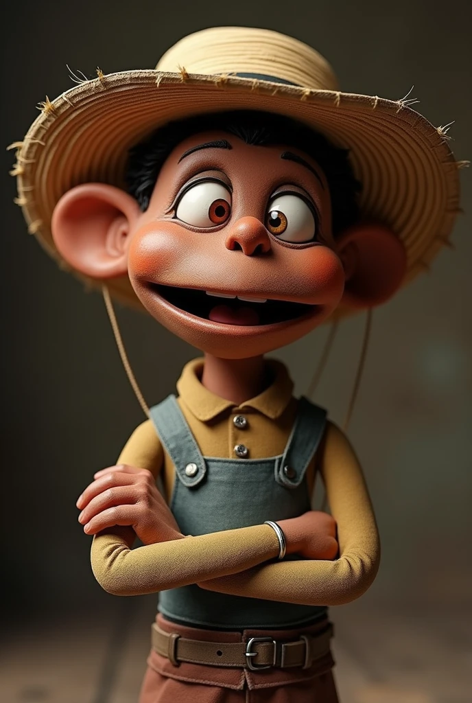 puppet, with a country hat ,dark-skinned,blinking the eye, of crossed arms