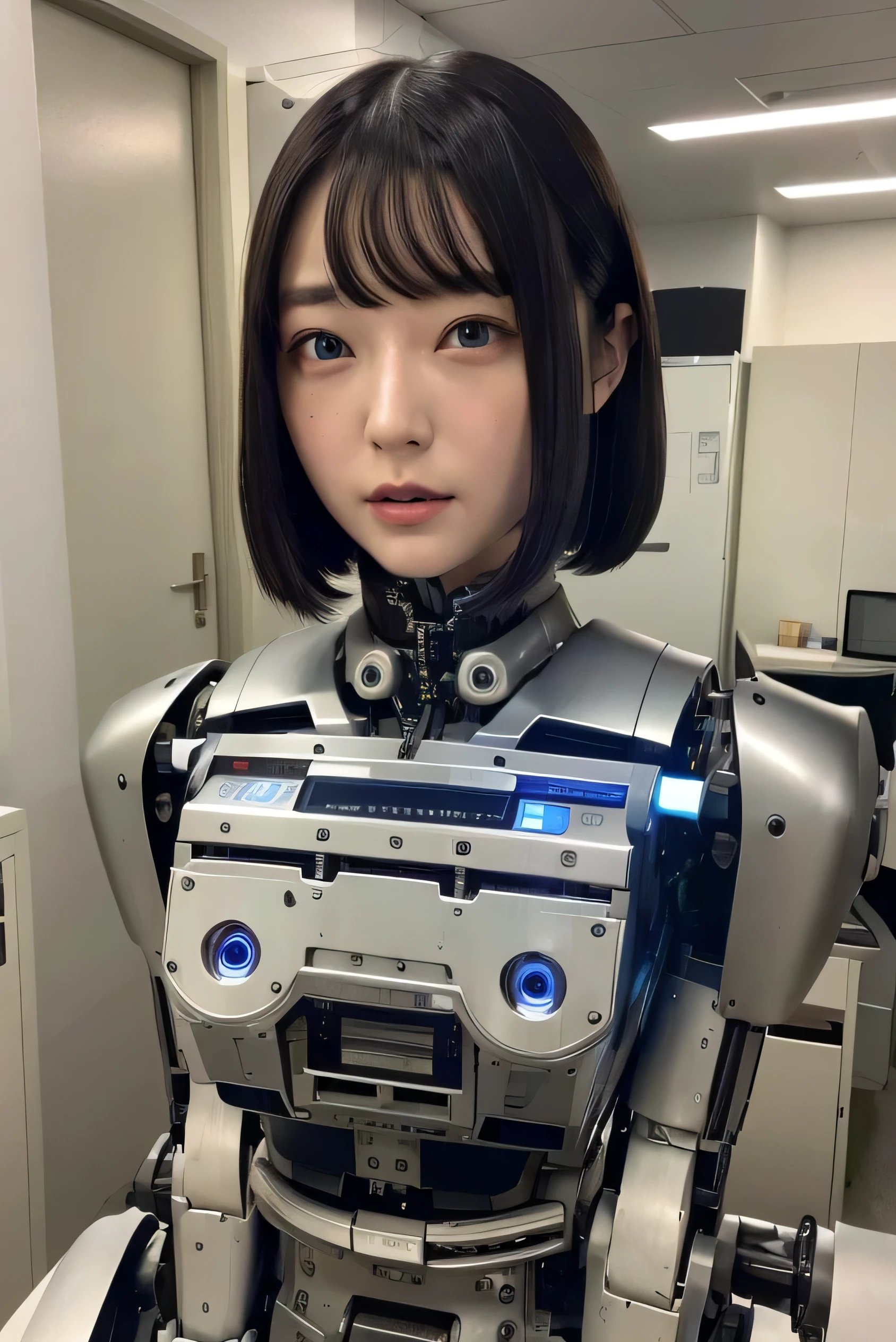masterpiece, best quality, extremely detailed, Japaese android girl,Plump , control panels,android,Droid,Mechanical Hand, Robot arms and legs, Black Robot Parts,Black hair,Mechanical body,Blunt bangs,White robotics parts,perfect robot girl,future information counter,reception,long tube,thick cable connected her neck,ceramic body ,mechanical body,mechanical costume,android,robot,humanoid,cyborg,information office,japanese android receptionist ,mechanical chest,blue eyes,office-lady