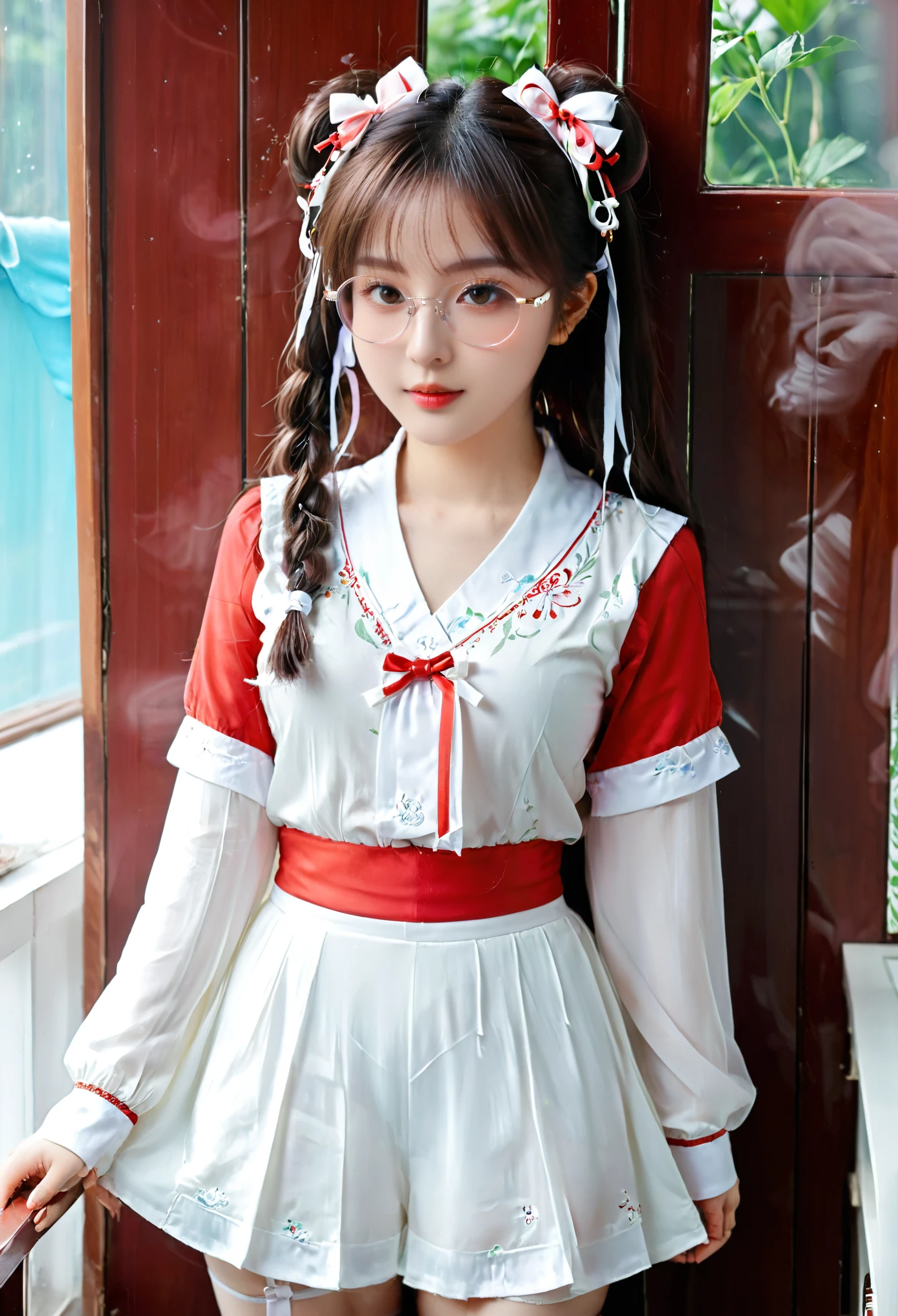 Zhezhi, twintails, glasses, hair ribbon, chinese clothes, white pantyhose,
