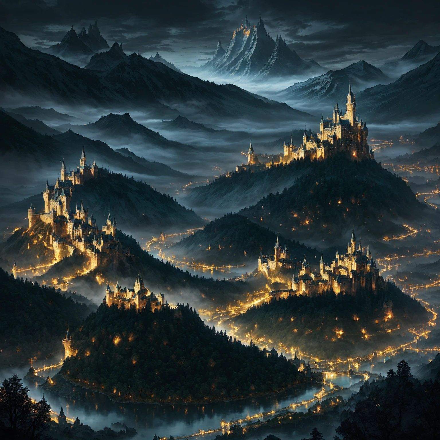 a view of a castle with a river running through it, Magical City, fantasy medieval city, highly detailed fantasy art, uma movimentada Magical City, Fantasy Cityscape, highly detailed digital art in 4k, epic fantasy by RIVENDELL, Fantasy City, magical atmosphere, dark Fantasy City, stunning fantasy landscape, High fantasy matte painting, Lotlorien at night