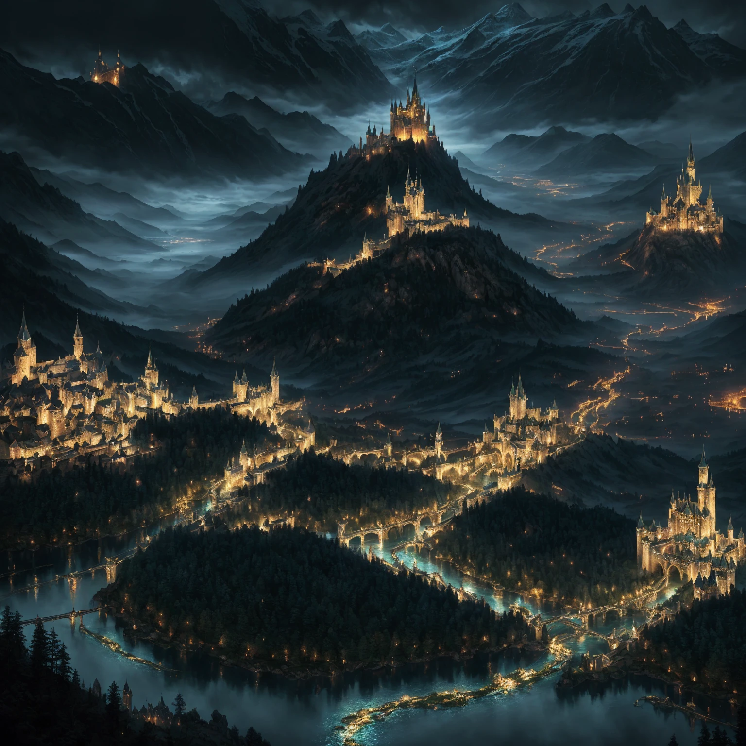 a view of a castle with a river running through it, Magical City, fantasy medieval city, highly detailed fantasy art, uma movimentada Magical City, Fantasy Cityscape, highly detailed digital art in 4k, epic fantasy by RIVENDELL, Fantasy City, magical atmosphere, dark Fantasy City, stunning fantasy landscape, High fantasy matte painting, Lotlorien at night