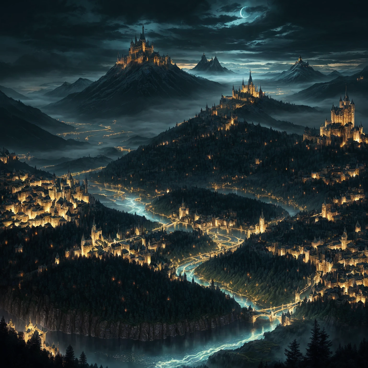a view of a castle with a river running through it, Magical City, fantasy medieval city, highly detailed fantasy art, uma movimentada Magical City, Fantasy Cityscape, highly detailed digital art in 4k, epic fantasy by RIVENDELL, Fantasy City, magical atmosphere, dark Fantasy City, stunning fantasy landscape, High fantasy matte painting, Lotlorien at night