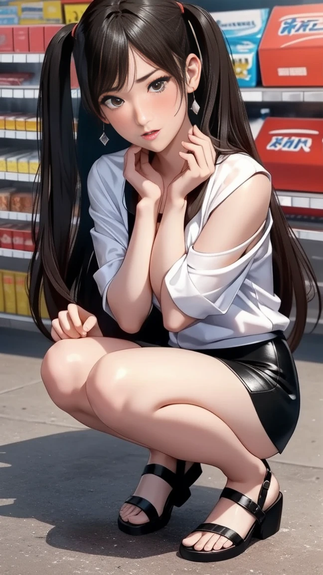 (High definition images), tifa Final Fantasy 7 Remake character, ((Red cheeks, An embarrassed expression)), The legs are very long, The legs are small and slender, ((White short-sleeved collared shirt)), (black pencil skirt), sandals, (not wearing underwear), (no underwear), (no panties, Visible genitals), Lubricant flows from the pussy, There was sweat coming out of the pussy, (There is a lot of pubic hair), (full body image), (crowd), In a convenience store.