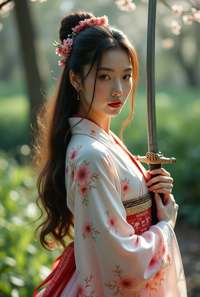 creates a realistic image, a beautiful Asian woman with long flowing hair wearing a long-sleeved Japanese dress with detailed images of yaezakura flowers in certain parts of each piece of the dress, the part of the dress looks complicated but very elegant, the dress is white with the top of the neck of the dress black and the cuffs are white with a mix of colors, the dress is very complicated but cool, the dress is captivating with its beauty, so enchanting with real beauty, very realistic, holding a long katana sword with intricate and beautiful details on each blade, holding it with both hands hand and holding it to the side, the background of a peaceful forest in spring in Japan, realistic, cinematic, photographic