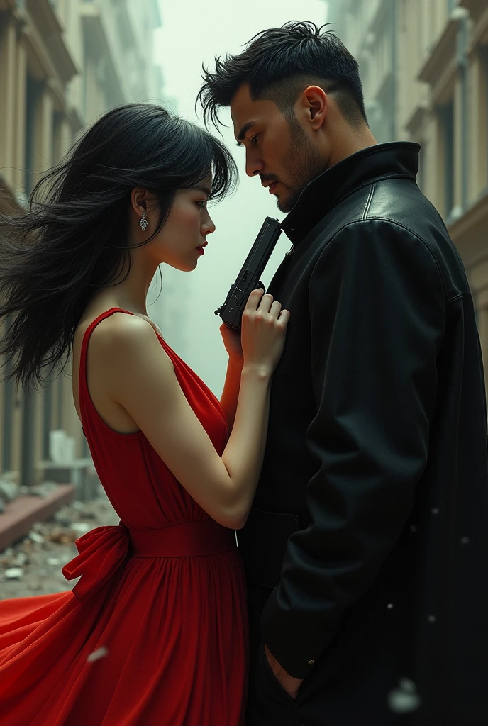 A very white-skinned girl with very pretty black hair in a red dress pointing a gun at a very tall, very handsome, masculine, beardless man dressed in black with a background of chaos and misfortune and they are looking into each other's eyes with love and hate.