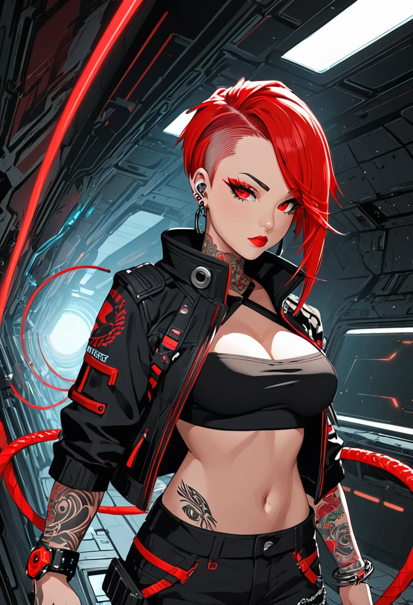 Create 2D art of an anime character. Christy Mack, beautfull woman, arched eyebrow, neon red eyes, blackquality hair, pixie cut and mohawk, with red dreadlocks, cyber plugs on the body and tattoos. Wearing a black jacket and a red and black crop top. He wears a technological bracelet on his right hand., e do bracelete, a neon red whip comes out. Environment is a corridor of a spaceship. Arte de estilo anime opera space e dark fantasy. Dead Space-like environment.