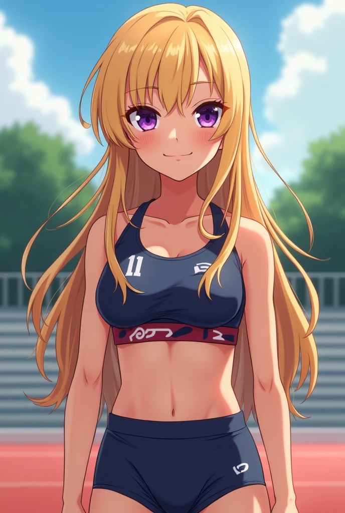 Masterpiece, best quality, 1girl, solo, teen, quarter Japanese, blonde hair, long hair, purple eyes, side parted bangs, short bangs, smile, medium breasts, sports bra, buruma, outdoors, track and field, smug