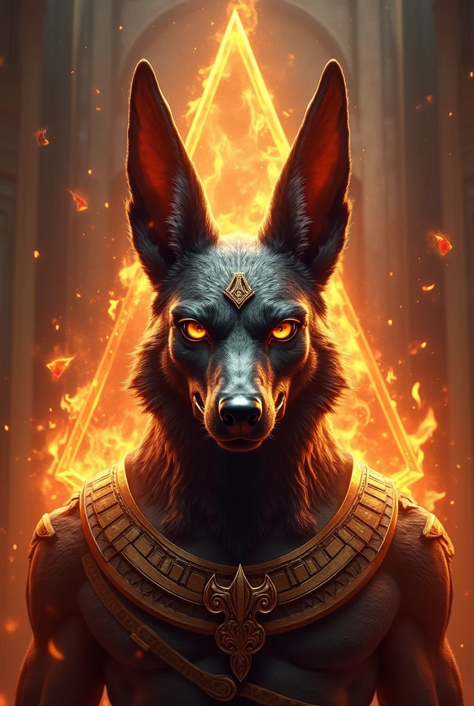 ((best qualityer)), ((work of art)), (detailded), epic gamer style image , 1 anubis on fire , estilo dragao. Anubis must have a bust image,  because it will be used for the brand logo, Anubia&#39;s vision has to be frontal. There must be the Anubis symbol in the background. 