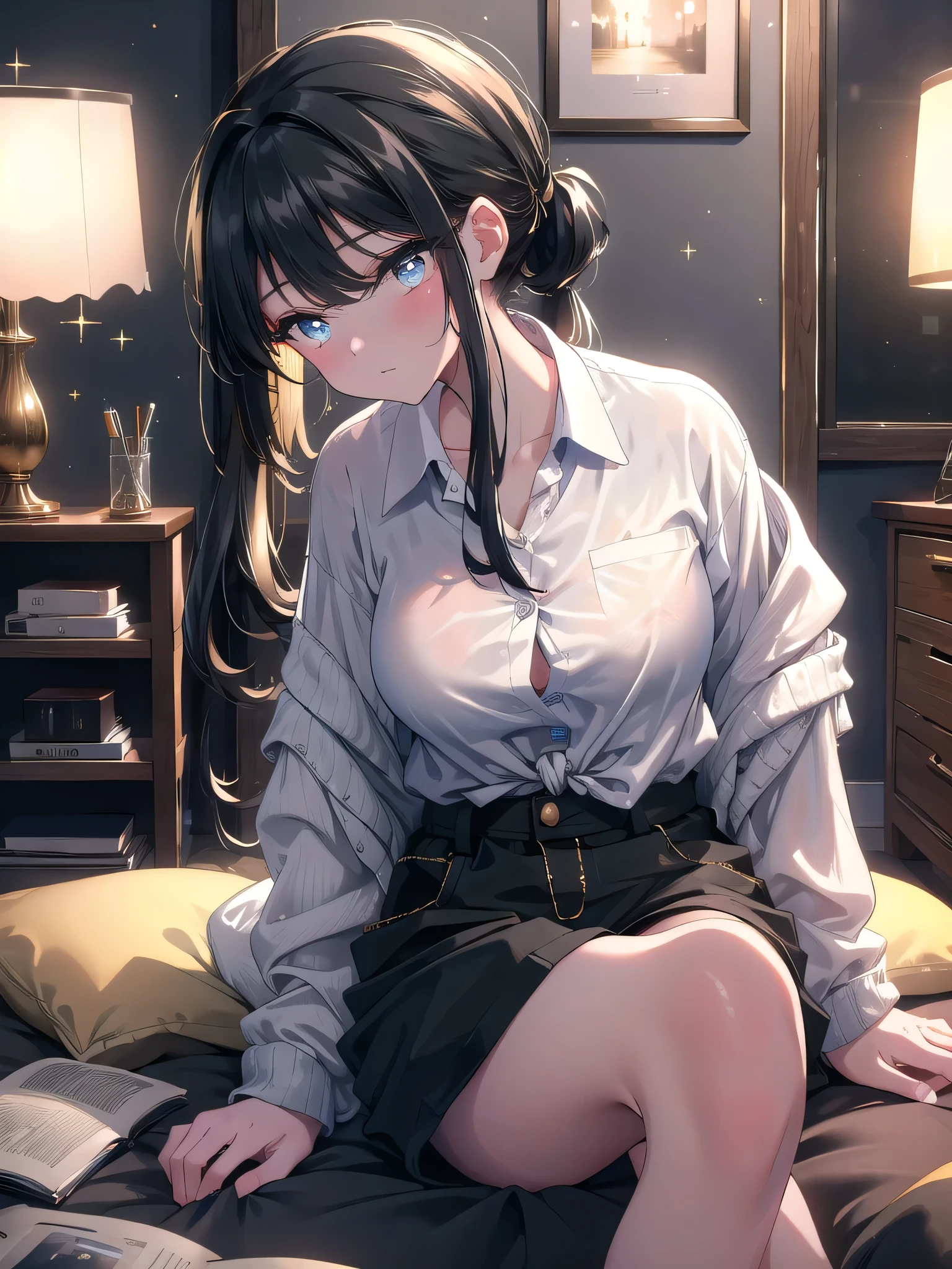 ((8k, Best Quality, Masterpiece: 1.3)), Ultra High Resolution, (20 years old woman, 1 Person), (Color Changing Eyes, Super Detailed, Expressive Glow, Sparkling Eyes), Highly Detailed Eyes, ((black semi-long)), (large breasts),Sitting with her back against the wall, she wears a loose-fitting button-down shirt, half undone, paired with shorts. Her black hair, tied in a loose side ponytail, casually falls over one shoulder, and she gazes at the camera with a mix of shyness and playfulness. The room is sparsely furnished, with only a small bookshelf and a floor lamp. The early evening light casts a soft, golden glow, emphasizing her relaxed, inviting posture.