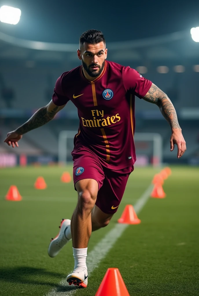 View full body Young Muslim man handsome sexy muscular white skin thick lips athletic body masculine energy and sexy defined chin trimmed beard braid with gradient on the sides colorful tattoo wearing a burgundy PSG training uniform with gold letters and symbols, burgundy shorts and white boots, at the training camp doing an agility course passing through cones. The training takes place at night and the stadium&#39;s floodlights illuminate the stage.. Lora style, Photoshoot, 8k