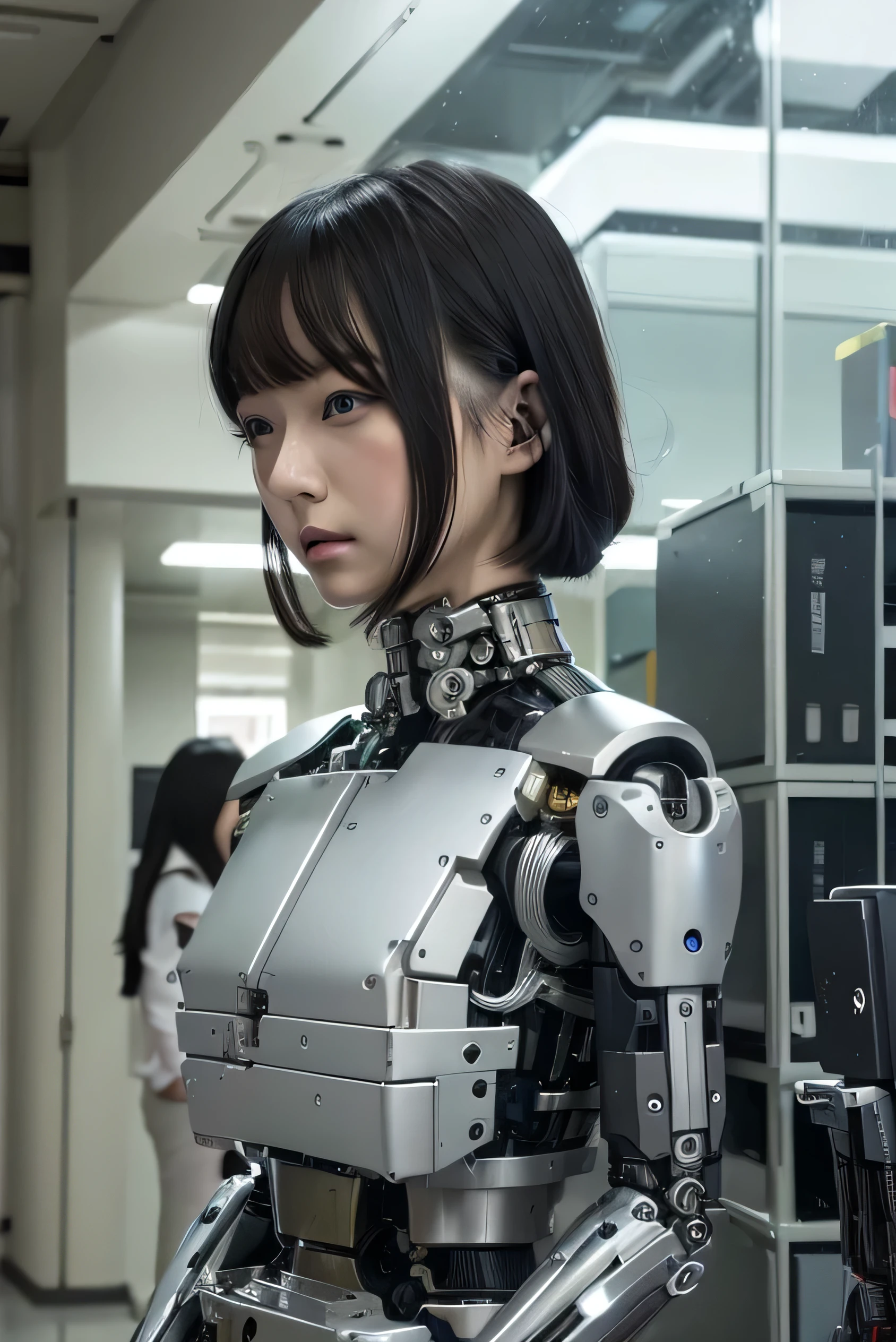masterpiece, best quality, extremely detailed, Japaese android girl,Plump , control panels,android,Droid,Mechanical Hand, Robot arms and legs, Black Robot Parts,Black hair,Mechanical body,Blunt bangs,White robotics parts,perfect robot girl,future information counter,reception,long tube,thick cable connected her neck,ceramic body ,mechanical body,mechanical costume,android,robot,humanoid,cyborg,information office,japanese android receptionist ,mechanical chest,blue eyes,office-lady