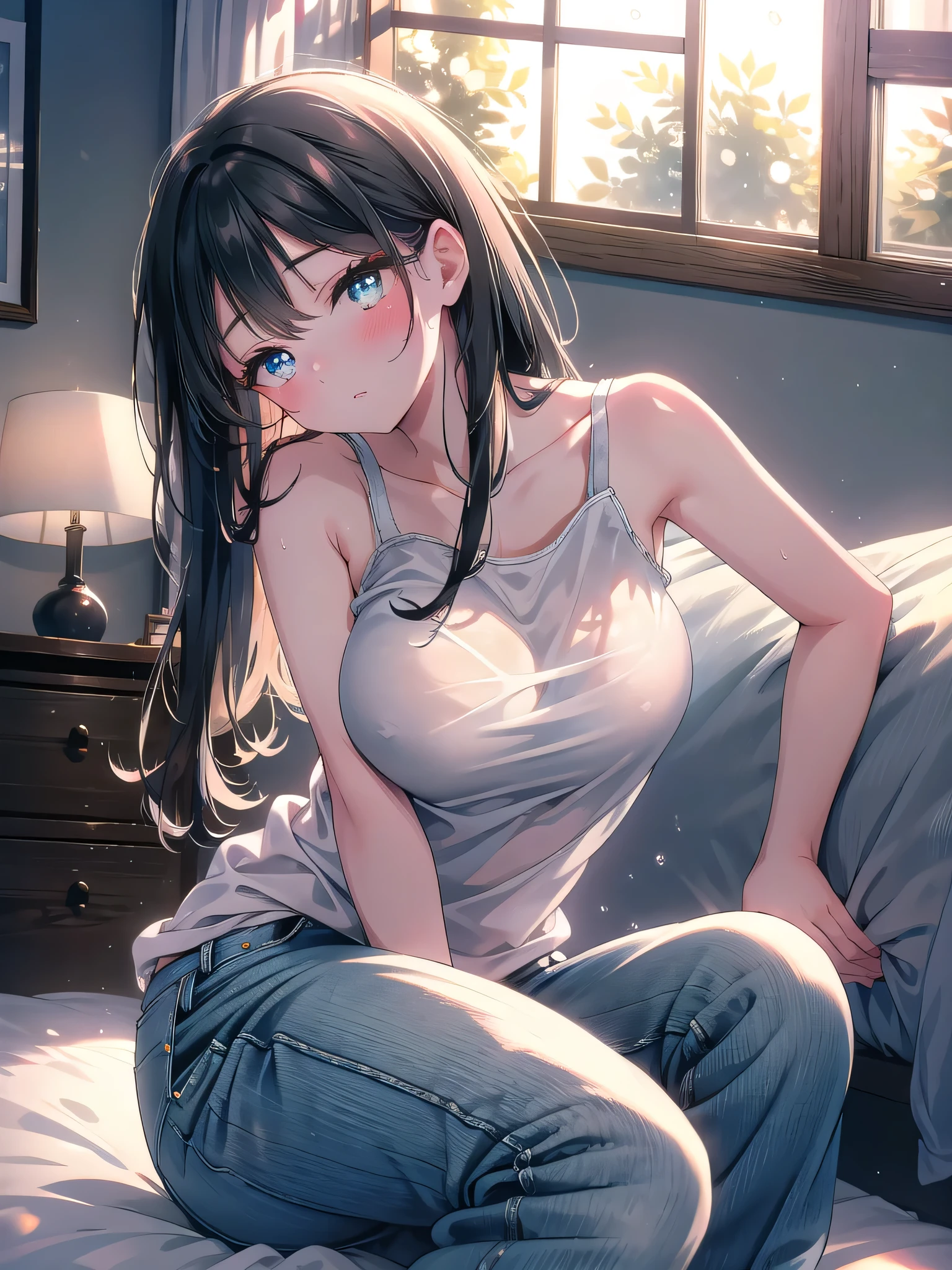 ((8k, Best Quality, Masterpiece: 1.3)), Ultra High Resolution, (20 years old woman, 1 Person), (Color Changing Eyes, Super Detailed, Expressive Glow, Sparkling Eyes), Highly Detailed Eyes, ((black semi-long)), (large breasts),Dressed in a simple white tank top and loose, low-rise jeans, she sits on the edge of her bed in her plain room. Her hair is styled straight, falling naturally over her shoulders, with a delicate hairpin tucked in. She leans forward slightly, her elbows resting on her knees, her expression playful yet inviting, with a faint blush on her cheeks. The soft morning light pours in through the window, illuminating her relaxed pose and adding a fresh, serene ambiance to the scene.