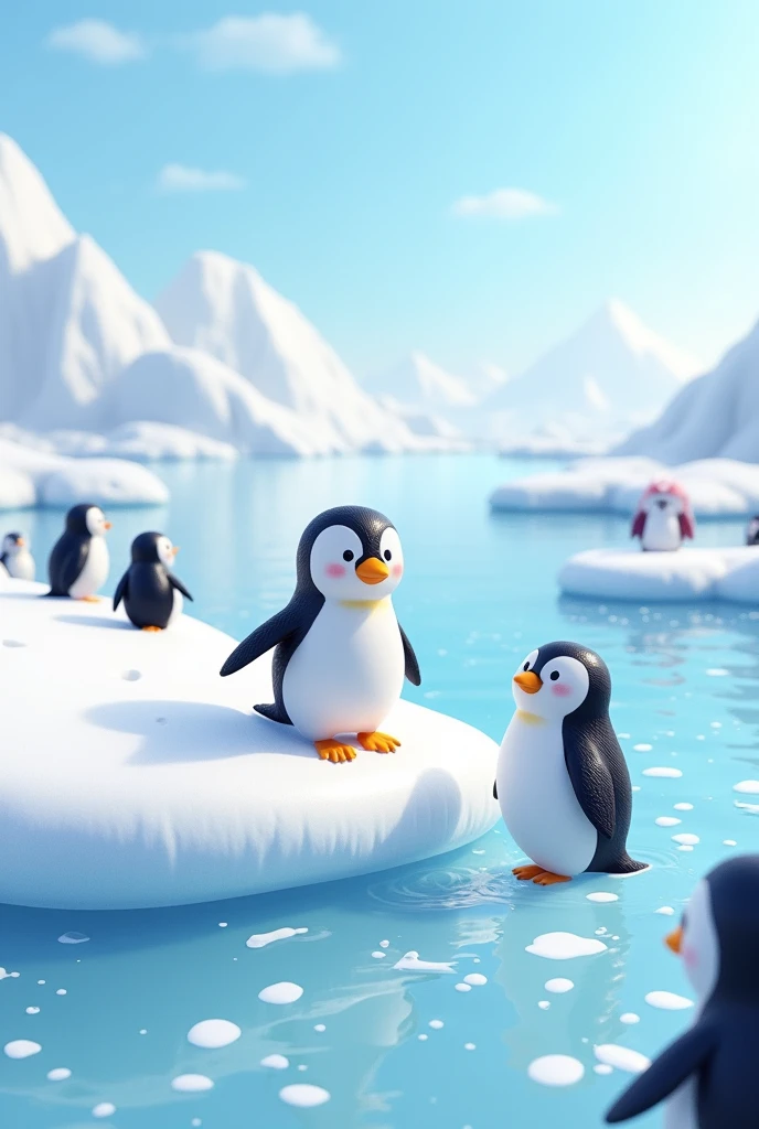 Penguins sliding on ice or waddling around