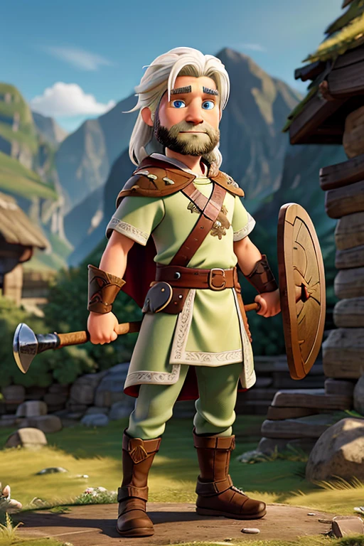 Viking warrior with white hair and green eyes, wearing Viking clothes with a cape and two axes in his hands