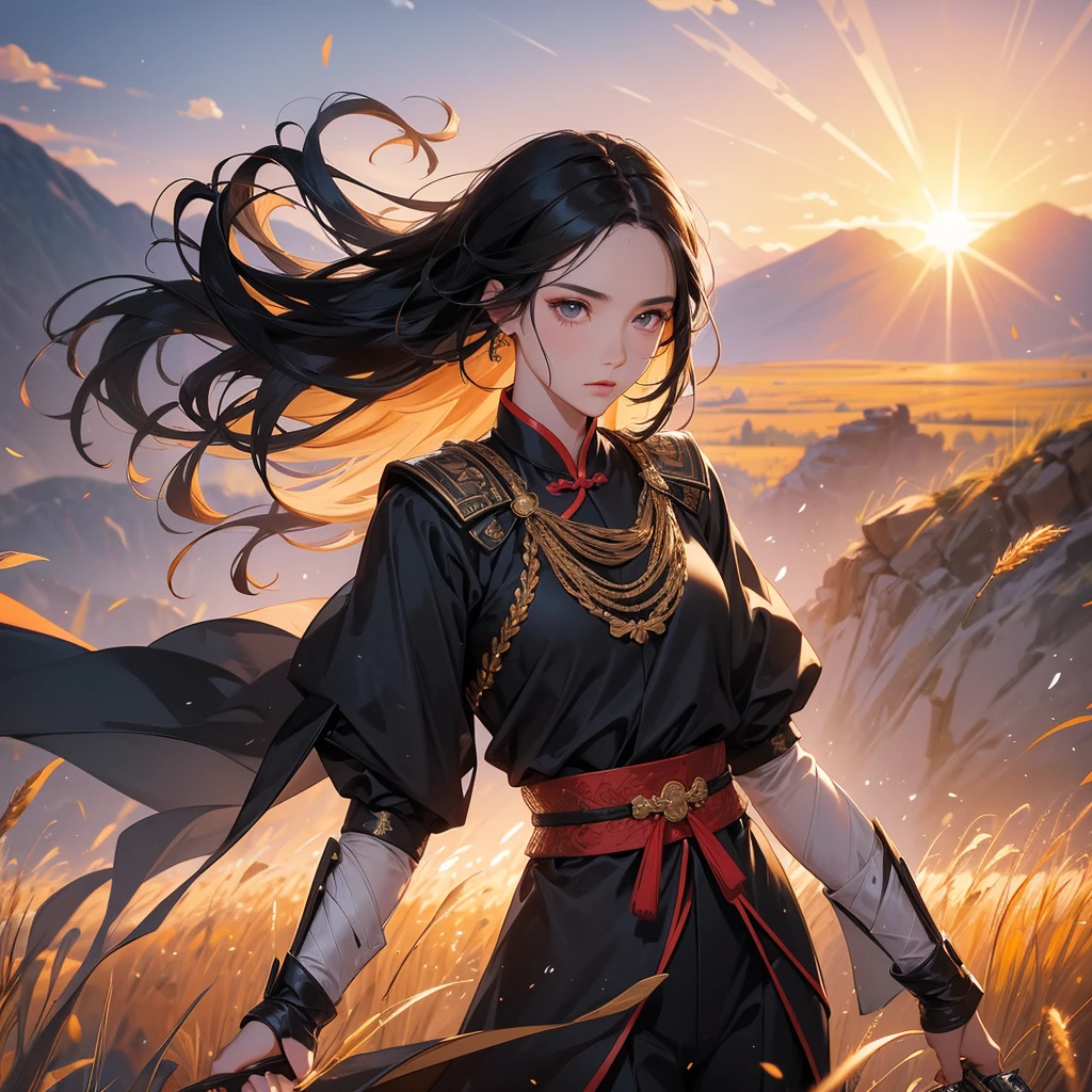 beautiful woman black-haired male general holding a large sword in black ancient Chinese general costume, Standing in the middle of wheat field, sunset, close up. behind which are mountains, there are low clouds floating in the blue sky.