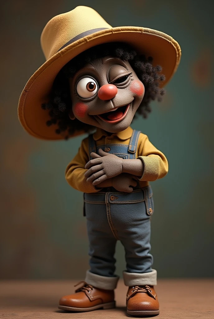 puppet, with a country hat ,dark-skinned,blinking the eye, of crossed arms