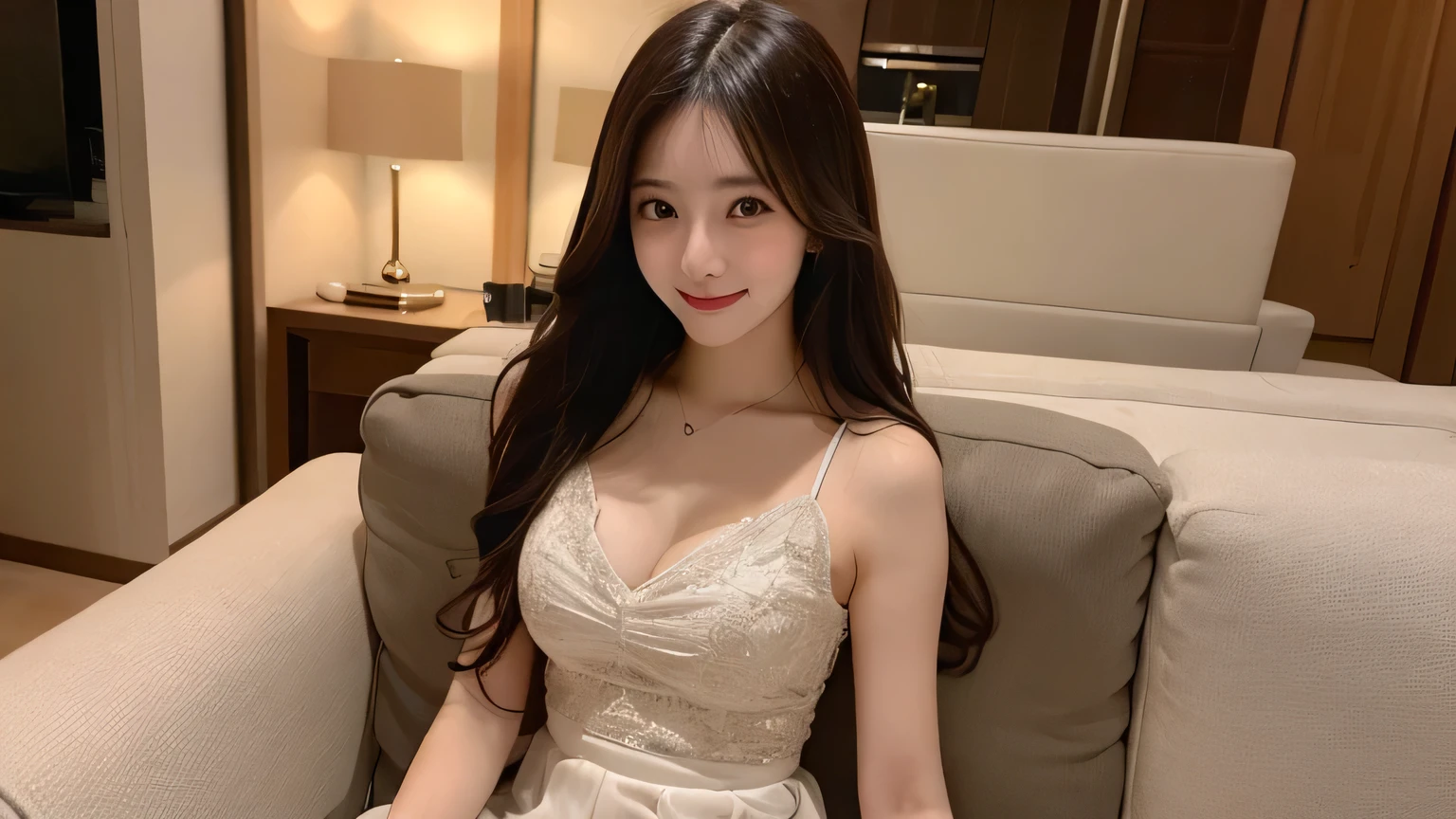 Highest quality, figure, Super detailed, In detail, High resolution, 8k wallpaper, Perfect dynamic composition, Beautiful attention to detail, Medium chest, Natural color lip, Random sexy poses,smile,、1 girl、Beaver,Long Hairstyles,bright,Mini skirt dress,sofa,Sitting