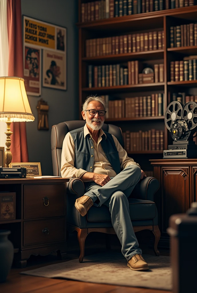 Generate an image of cinephile, he must be an encyclopedia of films, his background surrounding mustbe shows his film enthusiasm,his room need film cameras, film rolls, a bookshelf, cassette player and he must be in a happy moment, add some film posters in room