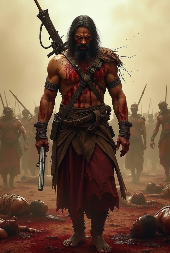 A ancient warrior of Mahabharat wearing a face mask, after winning a war coming out with multiple wounds on him with blood pouring out of his body and blood pouring out with guns and swords on his back .. blood splashing around the person
He is the only one left in the battlefield of kurukshetra and has many Dead bodies in the background 