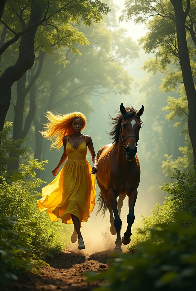 Beautiful African woman with yellow hair chased by horse in big forest