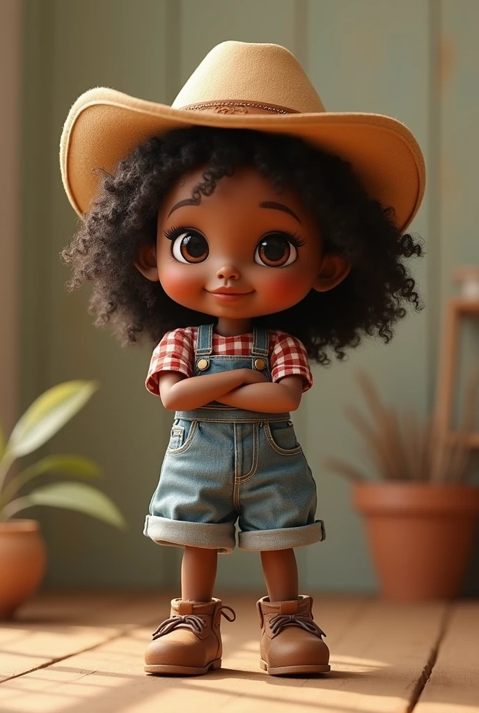 cute doll, with a country hat ,dark-skinned,blinking the eye, of crossed arms
