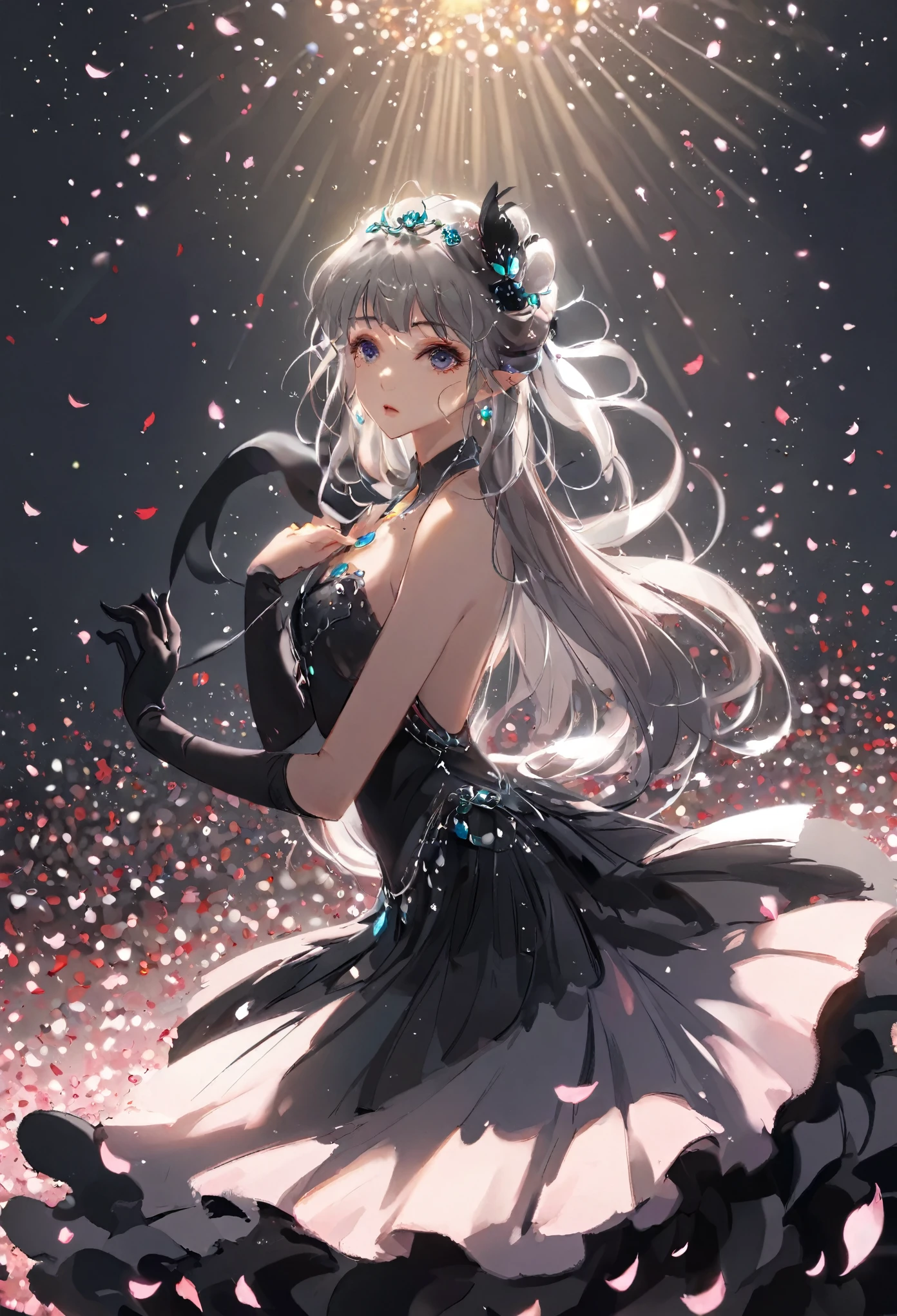 Girl ballerina black swan。Scenes、Dynamic poses、Stage lighting、Petals in the sky、Absurdity,Long hair,Exquisite hair accessories,gem