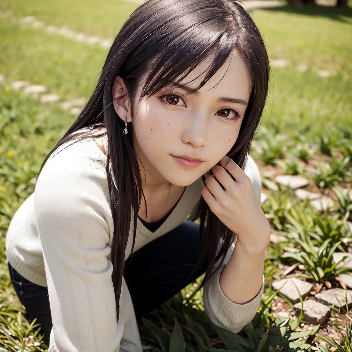 tifa lockhart ,((female)),Solo,(20yo:1.3),(japanese,cool beauty:1.2),(detailed face),(((Full Body Shot))),((Composition from directly above)),sharp focus, depth of field ,blur background, bokeh ,Professional lighting,((V-neck Sweater)),Crouching,((put your elbows on your knees)),looking at viewer,Half Smile,(on the grass in the park),(perfect anatomy:1.3),(hyper detailed, masterpiece:1.2), best quality,RAW photo, exquisite, beautiful
