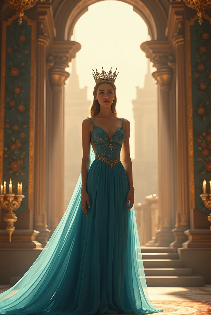 Woman in blue dress about to be crowned in a beautiful castle 
