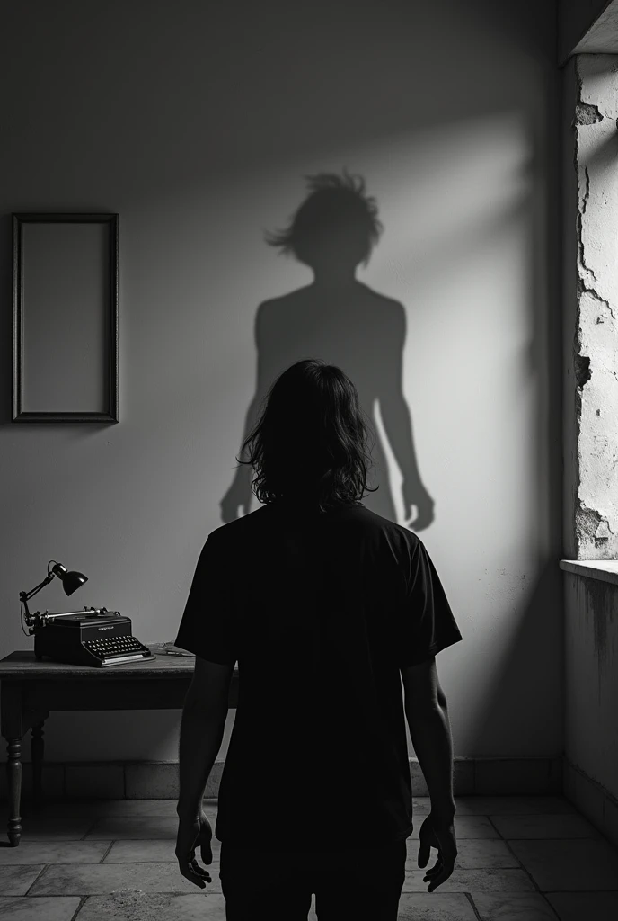 A b&w long shot of a man from behind facing a blank wall. He is wearing a black shirt and is 23 years of age. The man has long messy unkempt hair and is tilting his head facing the wall, mimicking a hanged dead body. He is in a dark,
dilapidated destroyed room with no light. It is a horror setting. The shadow of a girl in the same tilting pose appears much bigger on the wall. Both shadows are seen on the wall illuminated by light off-screen. The man's back is seen while he is facing the wall and the woman's shadow is only seen on the same wall in the same pose. They are tilting their heads. The girl's shadow is of a
hanged dead body with a tilted head. The girl's shadow is not on the side but the middle of the wall and appears with a tilted head. The man is 6 feet tall. The wall is not broken and there is a typewriter on a table on the side. There
is no noose in the shadow. The girl's hands are forming a fist. She is in the same pose as the man. The girl is 25 years of age. The man is close to the wall and the girls shadow comes from behind in the center of the wall. There are empty picture frames on the wall too. The room has a marble floor and a typewriter on a study table with a desk lamp. We only see the man's back facing the wall. He look weak and tired. The shadow is of a young woman with a
bent neck. Make the room darker and the shadow blurrier. The man's fists are clenched and he is tilting his neck. The girl's shadow is calm with a bent neck at a 90 degree angle