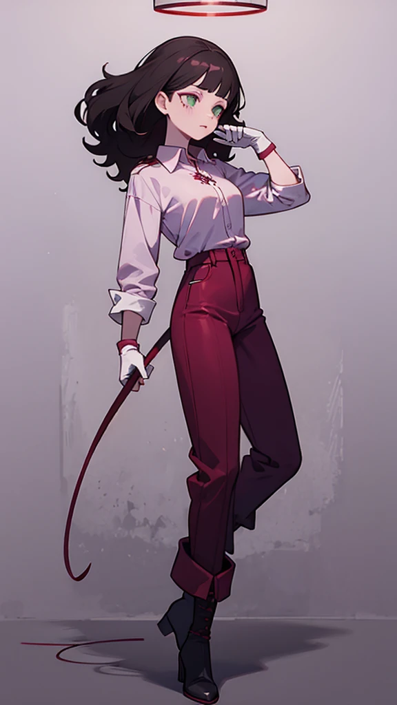 female gender, Pale skin, Long curly black hair, Green Eyes, Wine red flared pants, Heeled boots, Light purple formal shirt, Lower lip piercing, Tattoo on right arm.gloves,Use the whip