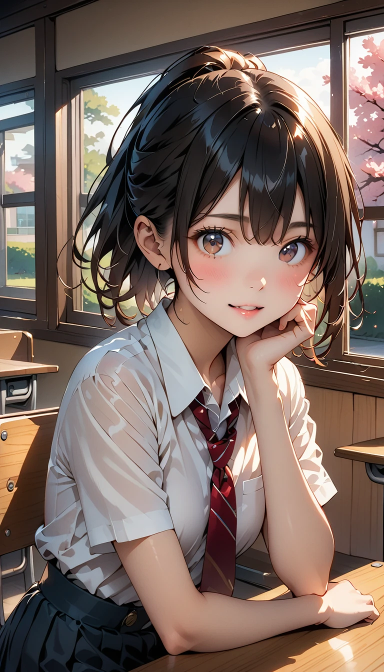 (masterpiece, Highest quality:1.2), 1 girl, alone、(Tabletop, Highest quality:1.2), 8k, 1, 85mm, Official Art, RAW Photos, Absurd, White dress shirt, Cute Face, close, Upper Body, Viola Lace, Gardenia, beautiful girl, (Dark red tie:1.1)、(Navy Pleated Skirt:1.1), Cinch waist, Thighs, Short sleeve, classroom, ponytail、short hair、short hair、sit on bench seat, Looking at the audience, No makeup, (smile:0.4), Film Grain, chromatic aberration, Sharp focus, Face Light, Bright lighting, Teen, Detailed face, ((Background blur,日本の学校のclassroom、classroom、Cherry tree seen from the window))